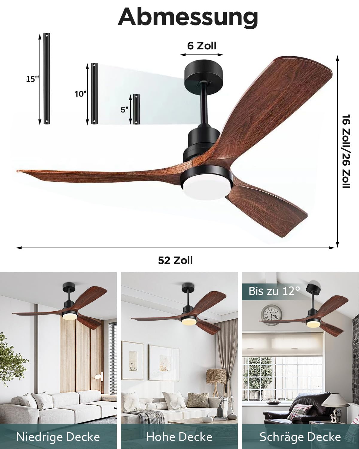 Ventilador de Techo con Luz y Mando a Distancia 132cm, Marrón