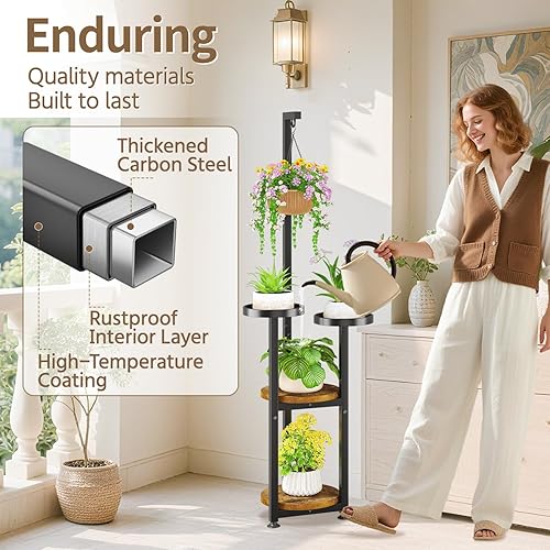 Miniatura 4 de LASZOLA Soporte para Plantas Alto de 4 Niveles Negro para Interiores con Anillo Colgante, Estante Vertical de Esquina de Metal Grande de Servicio