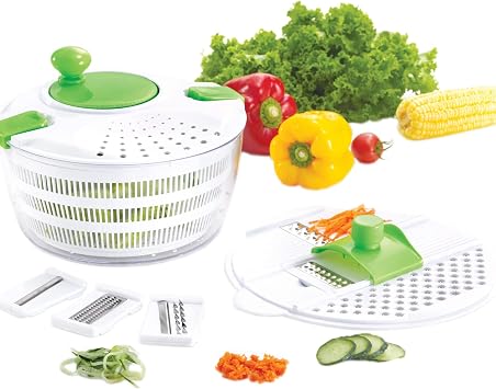 Huji Multifunctional Large Salad Spinner 4 Quarts and Mandoline Set 5 Blade Slicer, Drainer, Tosser, Vegetable Dryer with a Pouring Spout