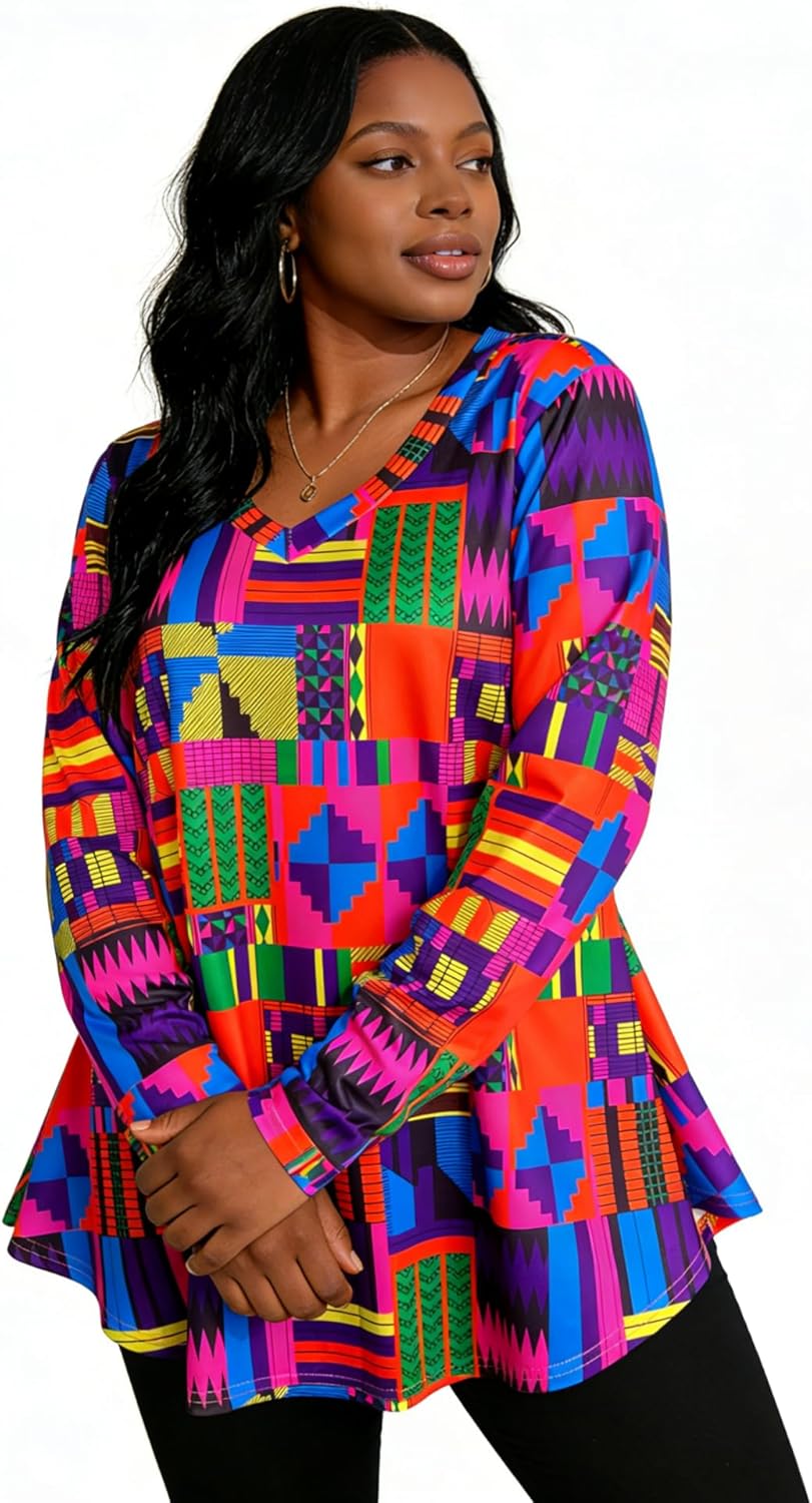 Sinono African Dashiki Top for Women - Boho Long Sleeve V Neck Loose Tunic with Ethnic Print - Image 6