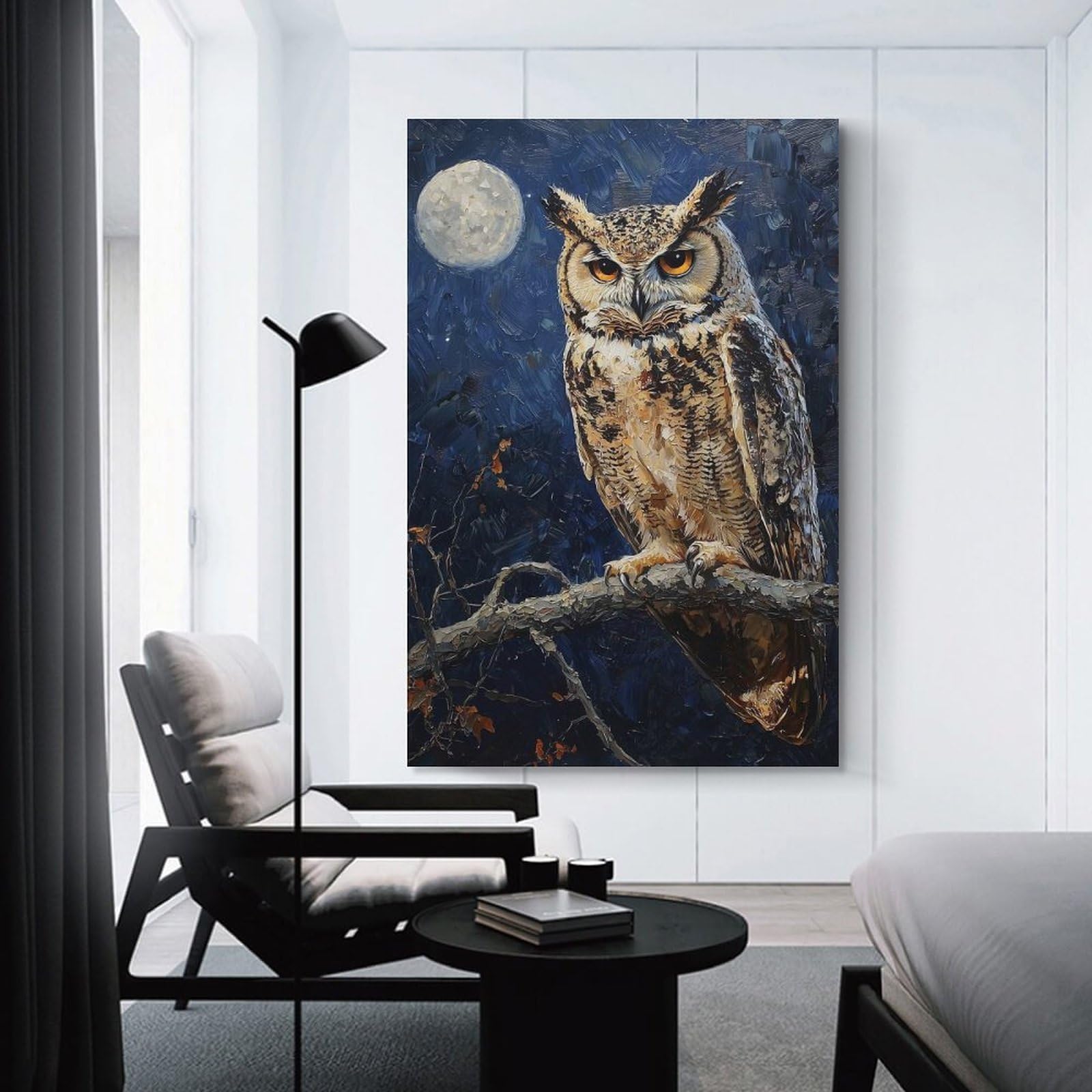 Junmoney Great Horned Owl Night Portrait Decorative Wall Artwork 24x36inch(60x90cm), for Living Room, Lounge Or Sitting Room, A Home Accent with Warm Character