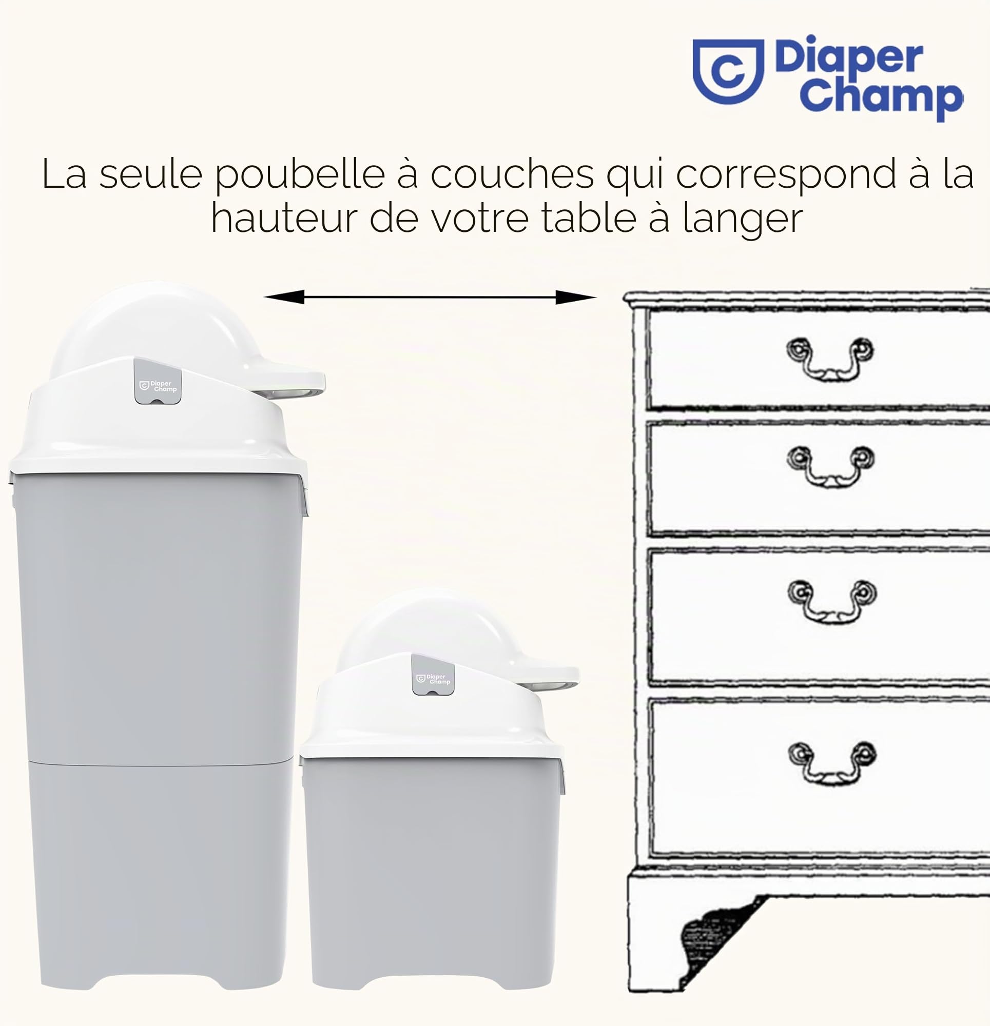 DIAPER CHAMP ONE Poubelle à couches Anti-odeurs Sans cassettes de recharge Beige/blanc