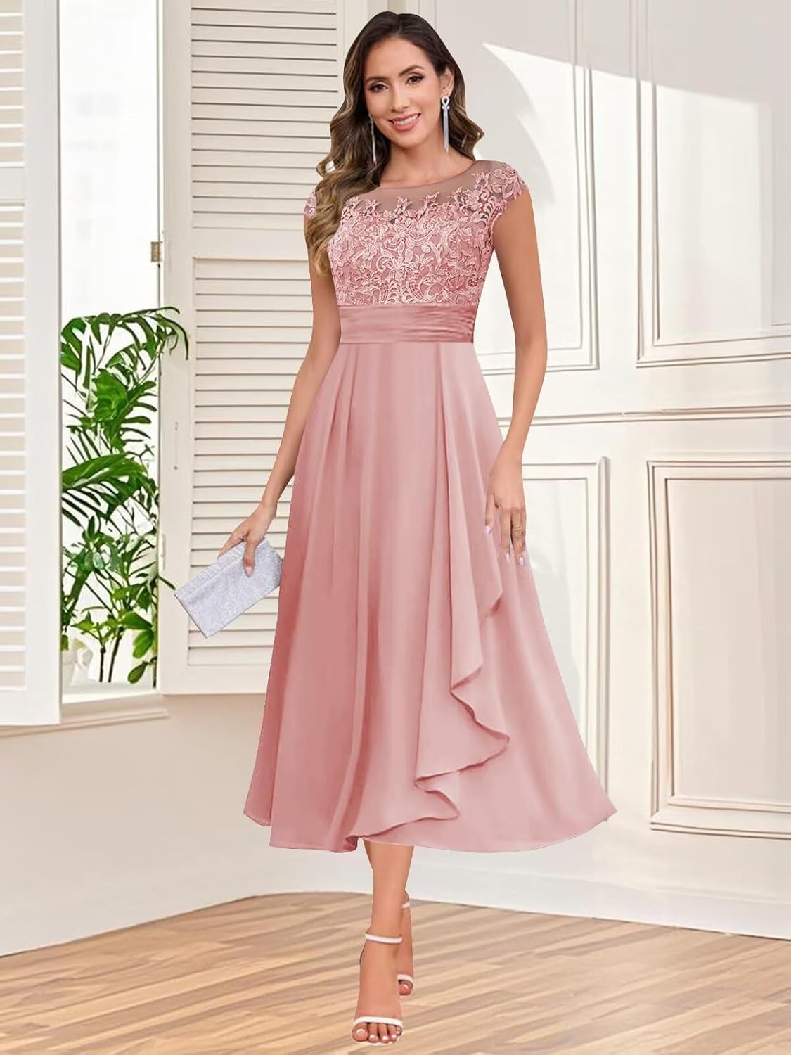 Women's Tea Length Mother of Bride Dresses Cap Sleeve Chiffon Lace Appliques Ruffles A Line Formal Dress