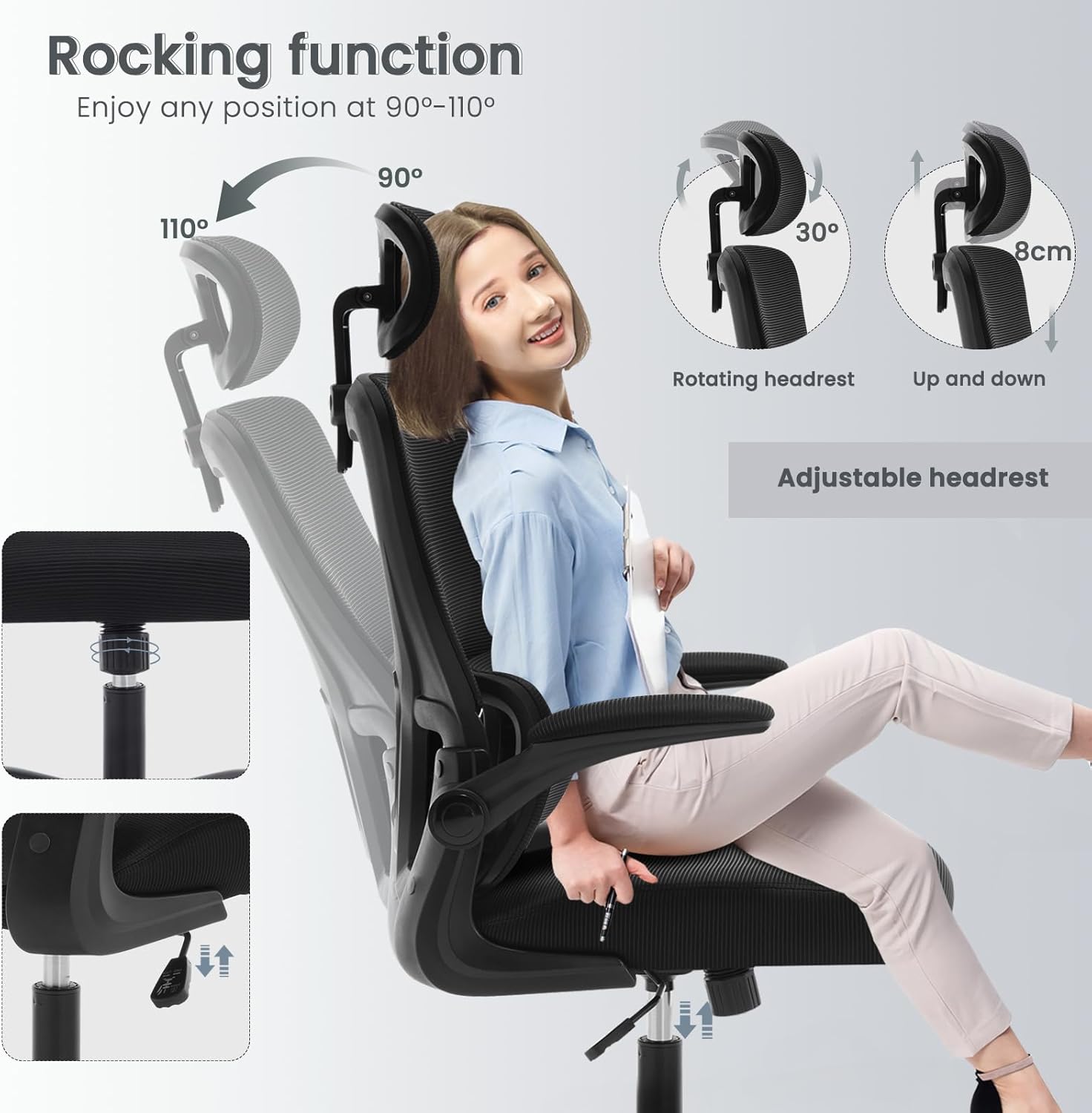 Illustrations of the rocking function from 90 to 110 degrees, rotating headrest, and up/down headrest adjustment