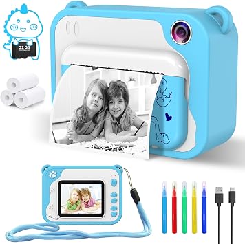 CHAKEYAKE Kids Digital Camera, 1080P Video Camera for Kids with 32GB SD Card, 2.4 Inch Screen, 5 Color Pen & 3 Print Paper Birthday Christmas Toys Gifts for 3-12 Year Old Girls Boys Blue