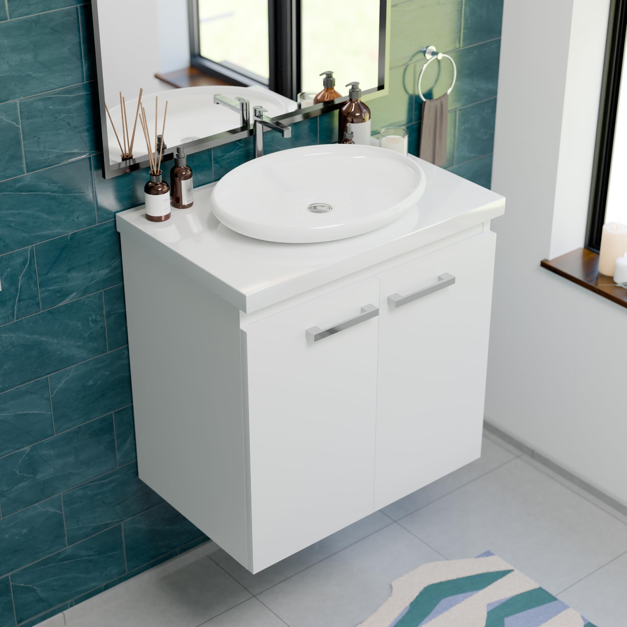 Armario de baño con accesorio Bilbao Top (ancho x profundidad x alto) 61,5 x 40 x 58 cm, armario para lavabo, armario inferior con encimera, armario bajo lavabo blanco