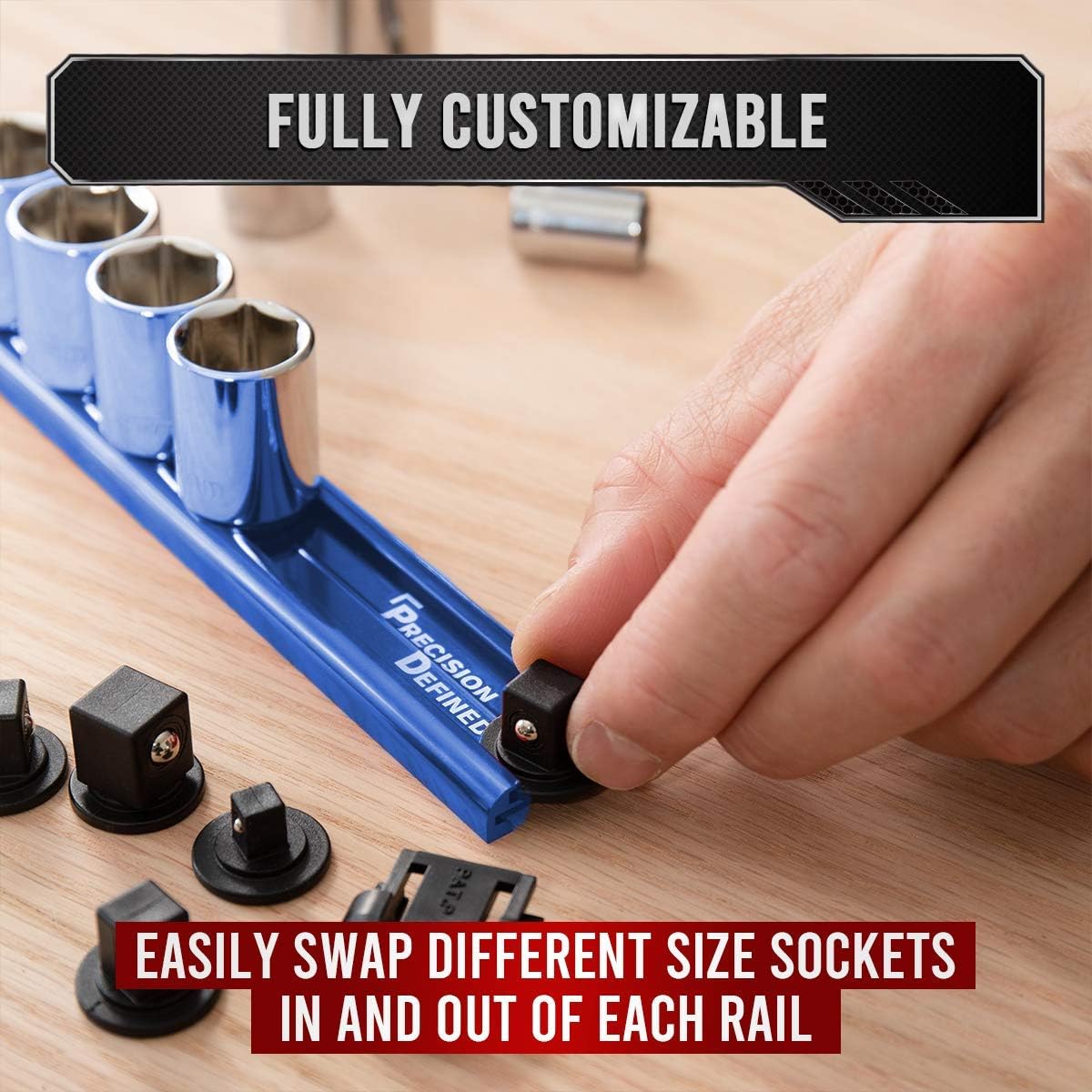 Precision Defined Aluminum Tool Socket Holder 3-Piece Set | Blue, 1/4-Inch x 16 Clips, 3/8-Inch x 16 Clips, 1/2-Inch x 14 Clips | 360 Rotation - Heavy Duty Socket Rails Organizer, Socket Storage