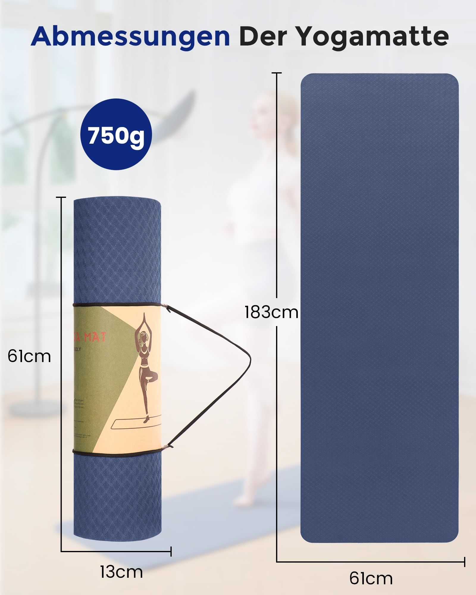 Oak & Tea Tappetino da yoga, tappetino da yoga spesso antiscivolo per donne/uomini, tappetini per esercizi per la casa palestra con cinghia di trasporto, tappetino ecologico in TPE per yoga, meditazione, pilates, 183 x 61 x 0,6 cm