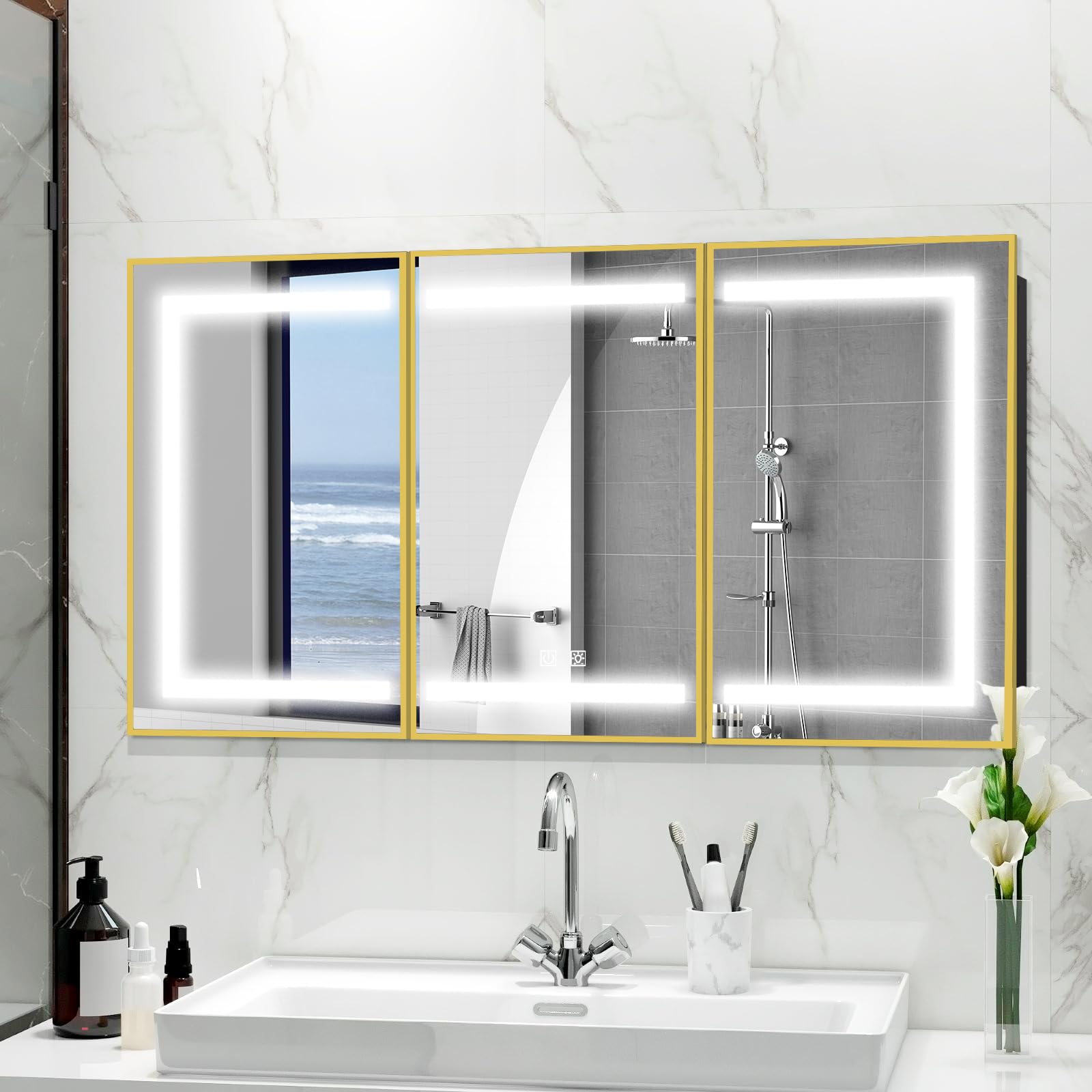 ROOMTEC Lighted Medicine Cabinet with Mirror, Bathroom Mirror Cabinet with Lights and Storage, 3 Doors Bathroom Wall Cabinet with LED Lights,Gold, 48"