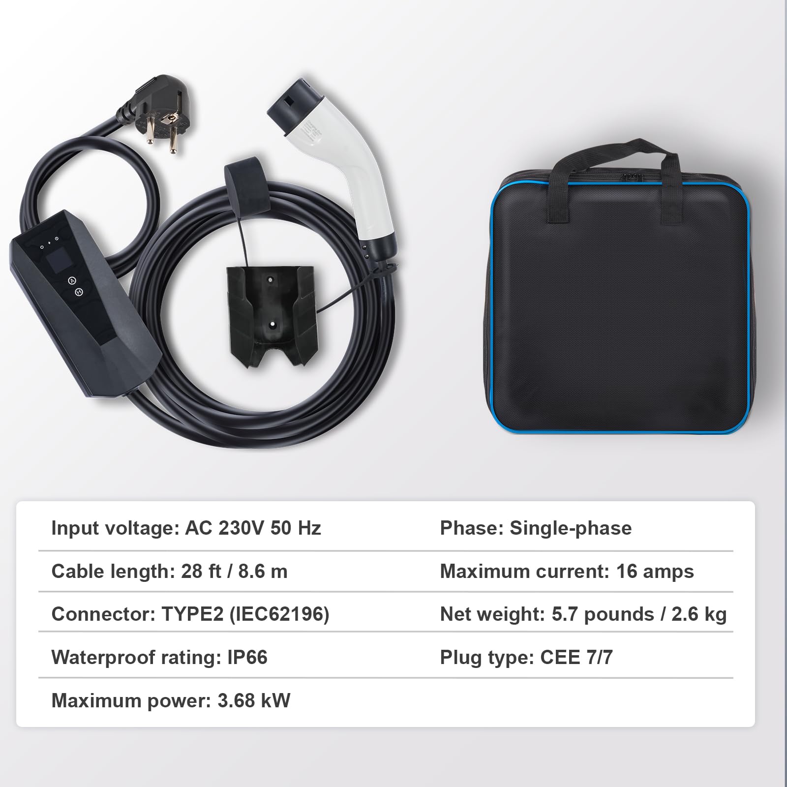 VEVOR Tragbares EV-Ladegerät 16A 3,68kW mit LCD-Display Ladegerät für Elektrofahrzeuge EV-Ladekabel Typ 2(IEC62196) CEE 7/7 Stecker 16A 1-Phasig EV-Ladestation 8,6m Kabellänge IP66 Wasserdicht Wallbox