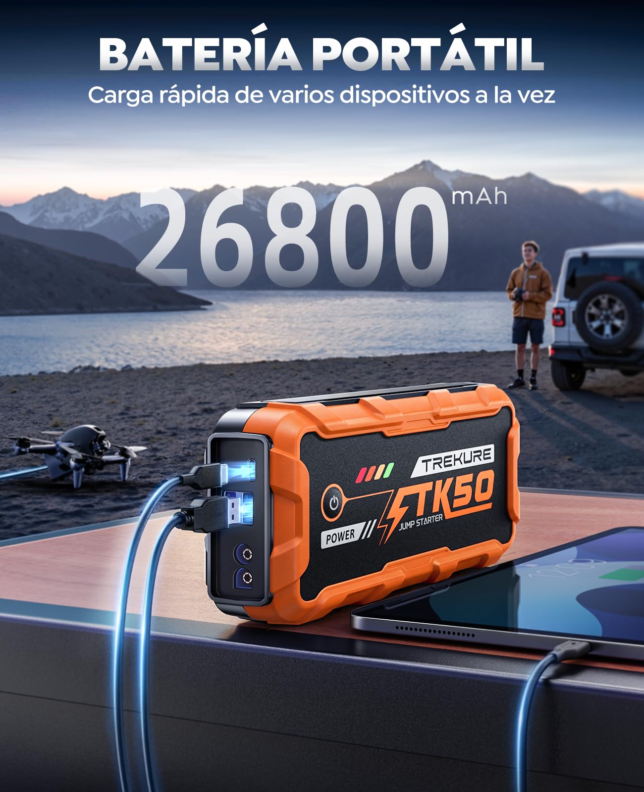 TREKURE Arrancador de Baterias de Coche 9000A (12L Diésel y Todo Gasolina), Arrancador de Coches Portátil con 18W Carga Rápida, 12V Jump Starter con Pinzas Reforzadas y 800 LM Linterna LED