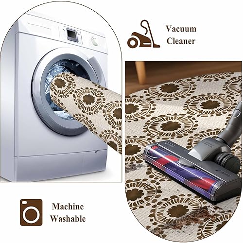 Miniatura 8 de 7ft Round Rug, Ethnic Floral Non-Skid Rubber Backing Large Area Rugs - Living Room Bedroom Home Office, Retro Tribes Watercolor Flowers Beige Indoor