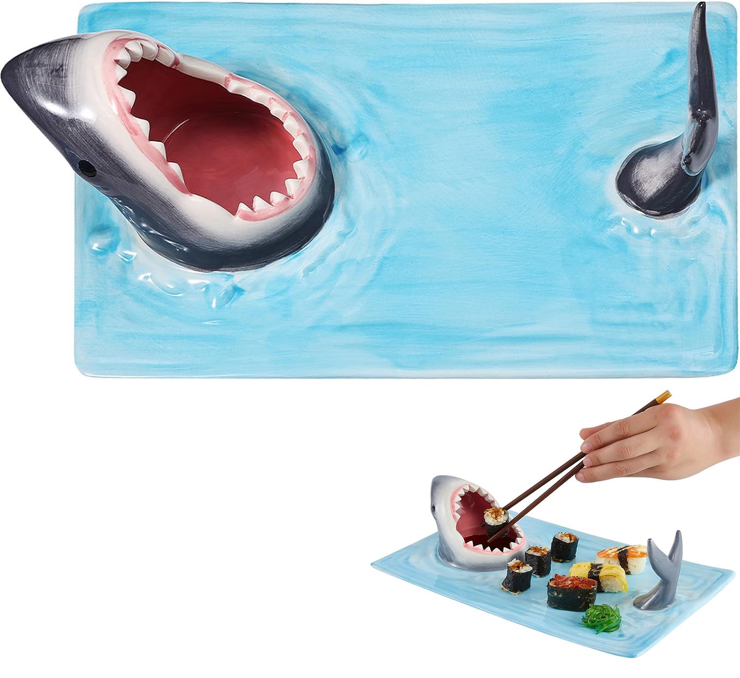 Sushi Teller Shark Keramik Sushiplatte, Sushi Platte Rechteckig Keramik Frühstückstablett Sushi-Platte mit Sojasaucenschale und Essstäbchenhalter, Für Mikrowellen/ofen/Geschirrspüler