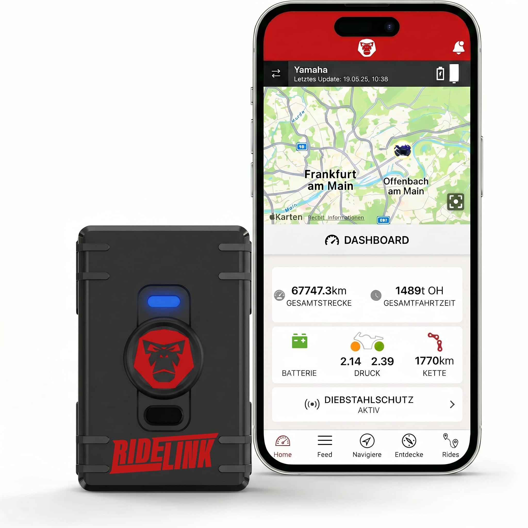 GPS Tracker Motorrad RideLink Wingman Easy | Kabellos mit 150 Tage Akku | Live Tracking und Diebstahlschutz | Inklusive Motorrad Navi, Routenplaner und Community | IP68 Wasserdicht | Made in Germany
