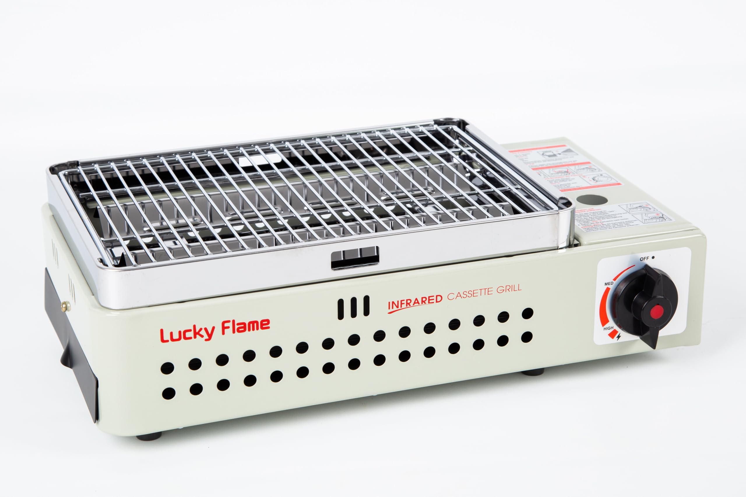Lucky Flame LF-90G Gasgrill/Campinggrill für MSF-1A 227g Kartuschen mit Doppel-Brenner, Piezozündung und 3-Stufen-Flammenregelung