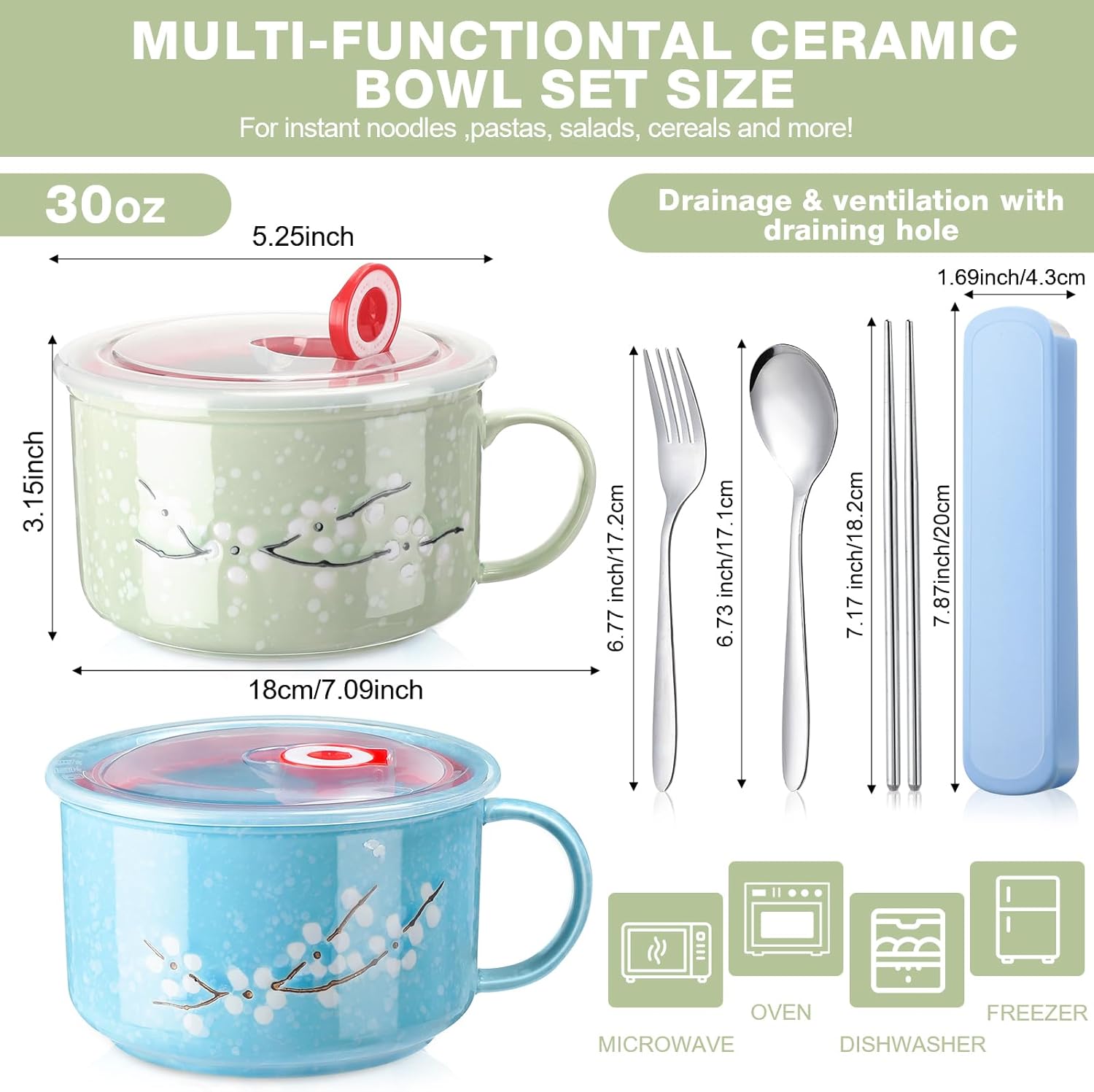 2 Pcs 30 oz Ceramic Soup Bowl with Lid and Handle Snow Flake Blossoms Cherry Pattern Microwave Soup Mug Instant Noodles Cup,2 Sets Stainless Utensils Fork Spoon Chopsticks with Case(Blue, Green)