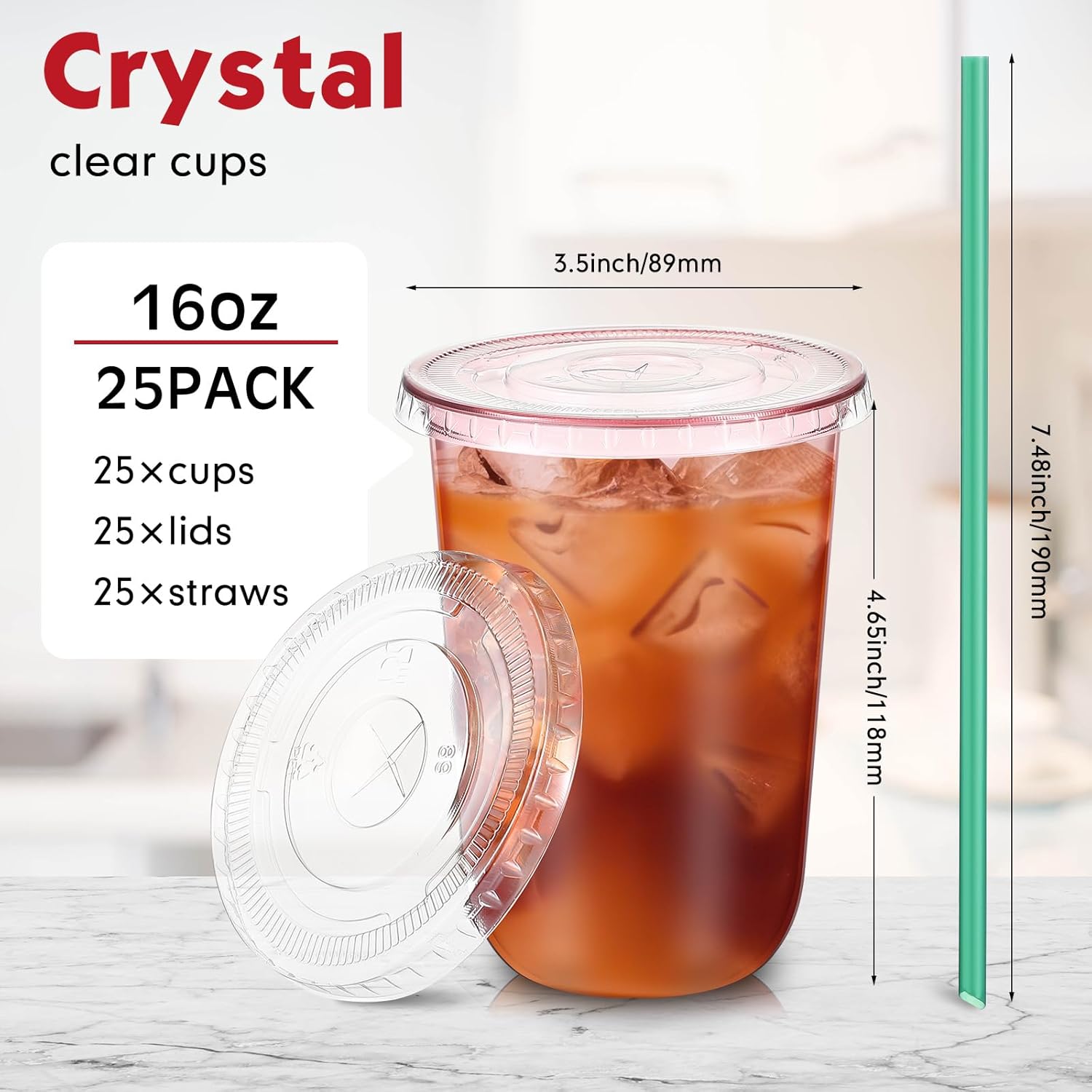 Baderke 25 Set Plastic Cups with Lids and Straws, Disposable Plastic Iced Coffee Cup for Cold Beverage Juice Smoothie Crystal for Coffee Shops Party Catering(Pink,16 oz) - Image 3