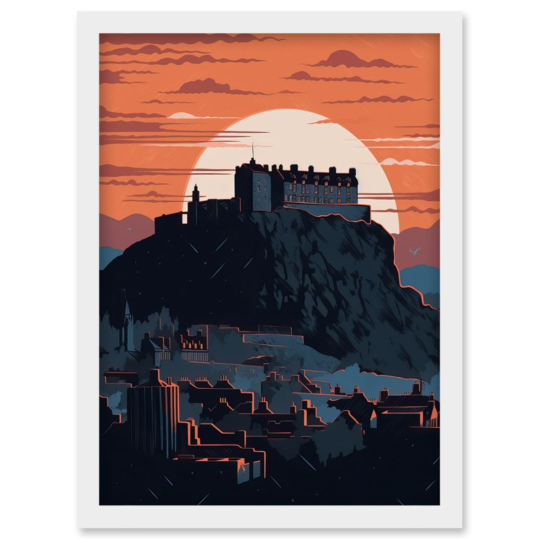 Artery8 Edinburgh Castle and Old Town Atmospheric Sunset Artwork Framed Wall Art Print A4