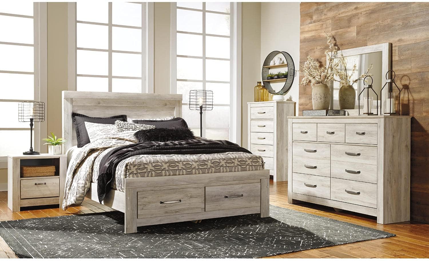 Signature Design by Ashley Bellaby Farmhouse 1 Drawer Nightstand with 1 Storage Cubby & Slim-Profile USB Charging Station, 24.61" Tall, Whitewash