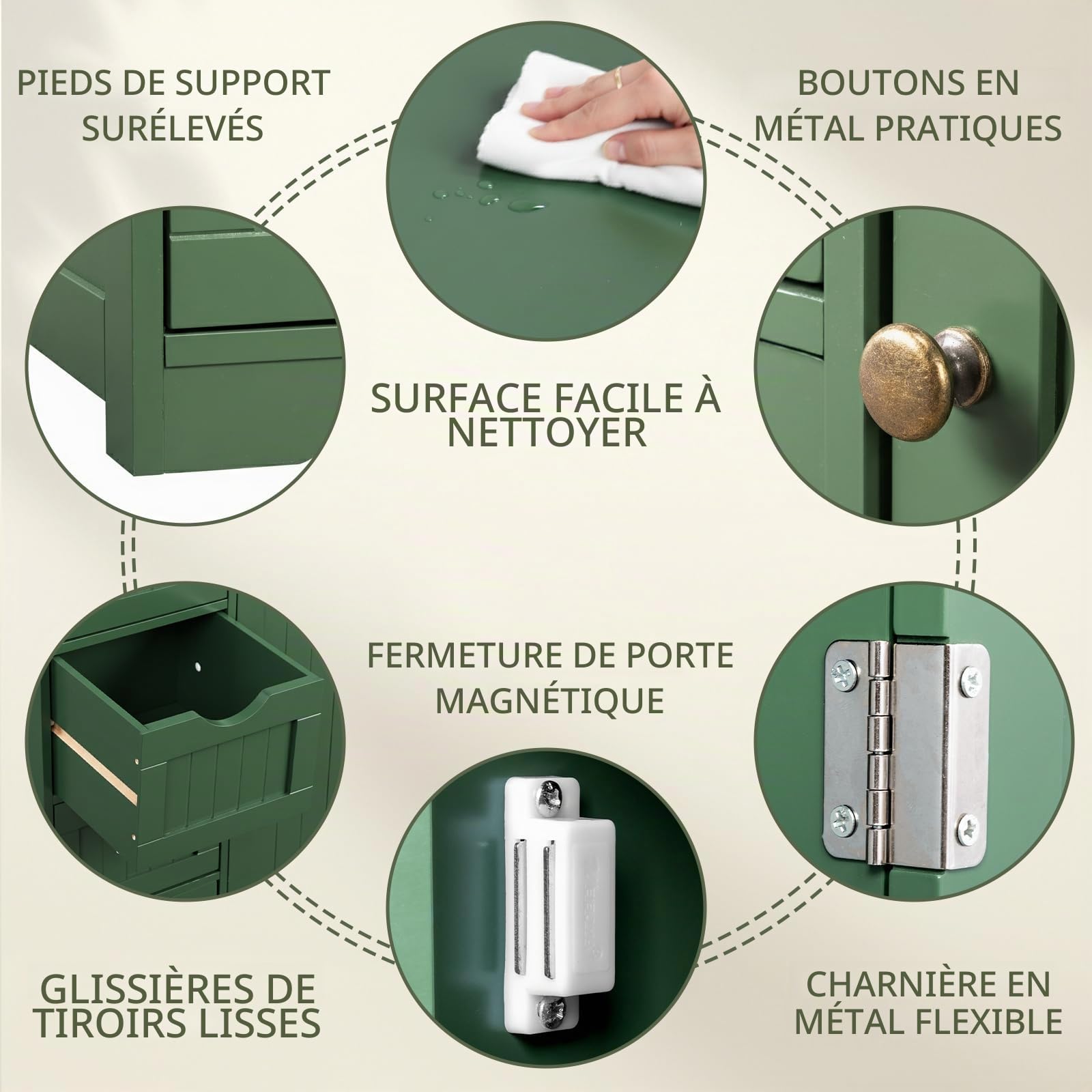 LEADZM Meuble Salle de Bain Rangement，avec étagères Réglables Vert Forêt | équipé de 4 Tiroirs, Convient pour Le Salon，la Cuisine，la Chambre à Coucher，Conception Anti-basculement
