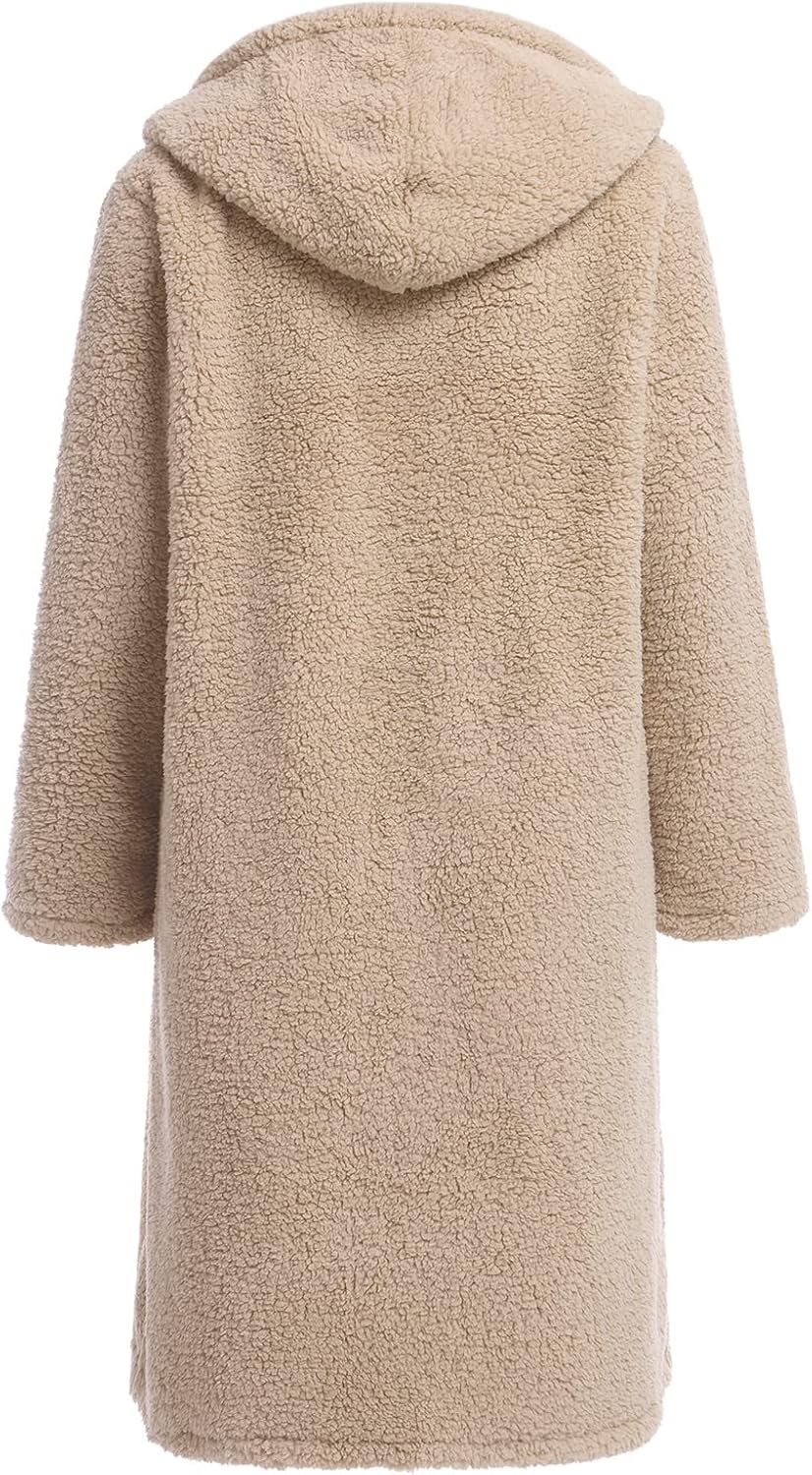 ODIZLI Women's Winter Coats Fuzzy Fleece Long Hooded Jackets Button Down Faux Fur Warm Outwear With Pockets