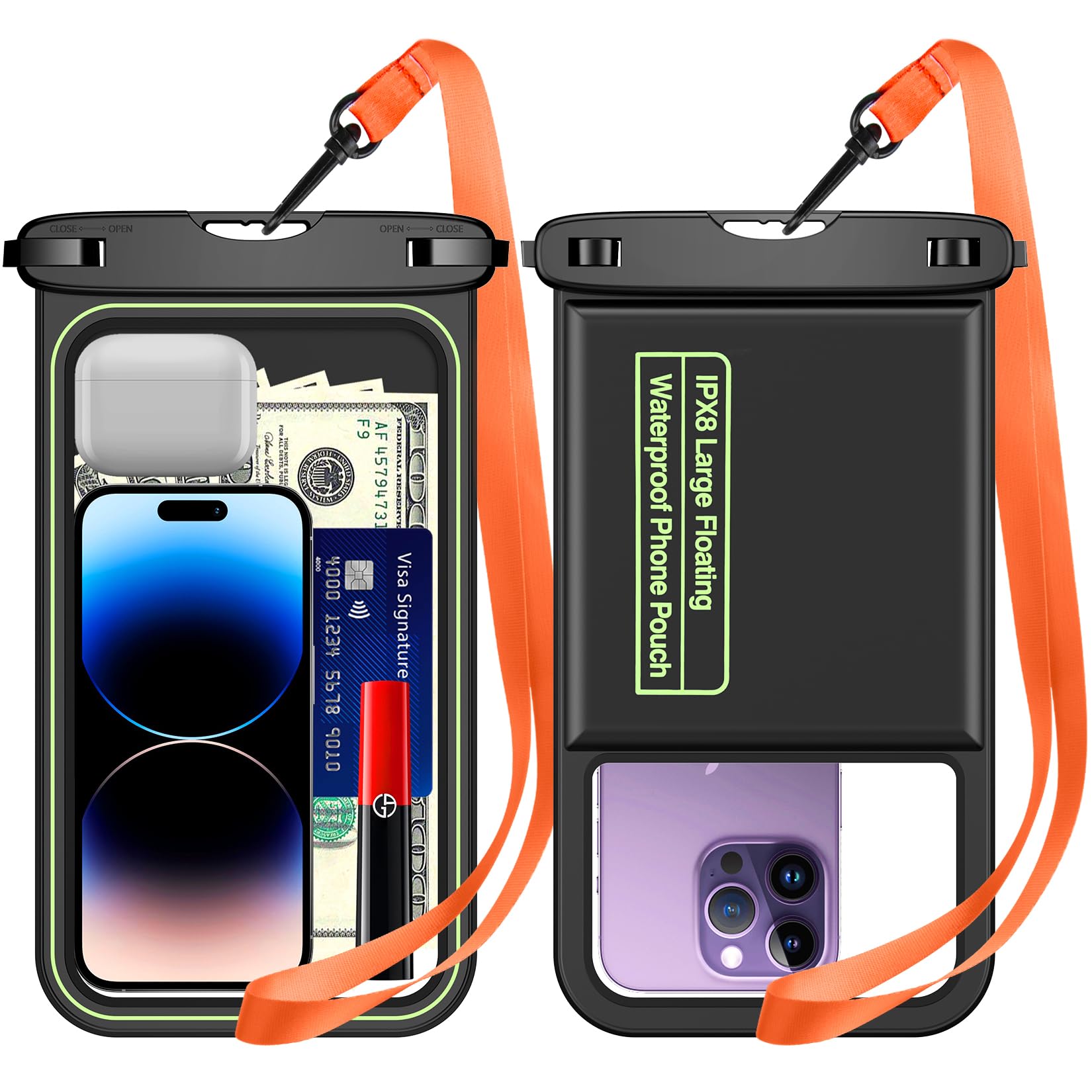 Temdan 2 Pcs Floating Waterproof Phone Pouch,[Up to 10" Large] Universal IPX8 Waterproof Cell Phone Dry Bag with Lanyard for iPhone 16 Pro Max/16E/15/