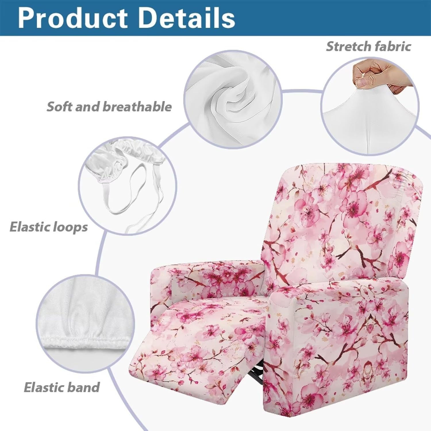 Cherry Blossom Pink Recliner Chair Cover 4 Pieces Recliner Slipcovers Stay in Place Stretch Nonslip Slipcover Furniture Protector