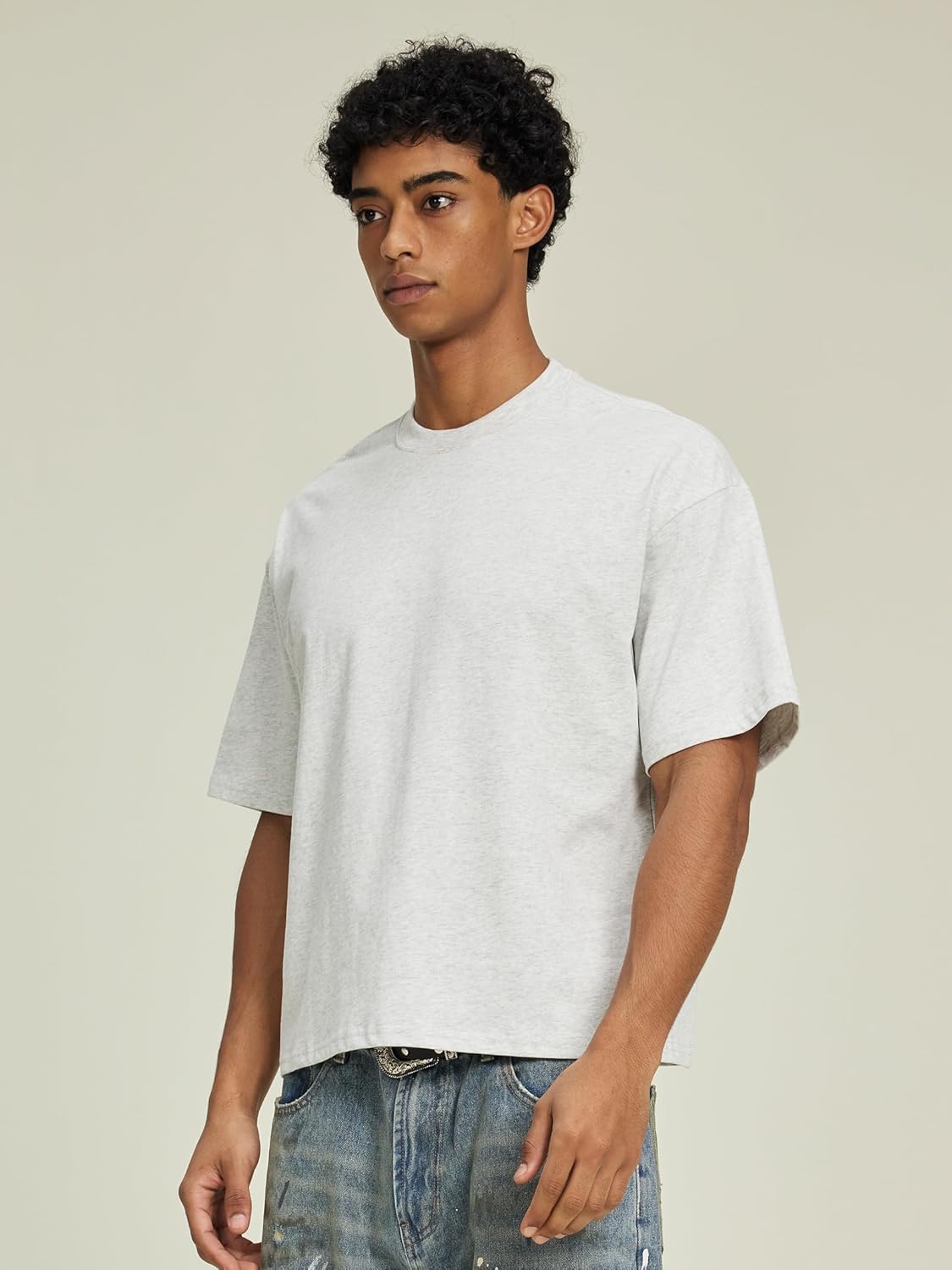 QJT Cropped Oversized Men's T-Shirts Cotton Fashion Boxy T Shirt Short Sleeve Crew Neck Tee for Men - Image 4