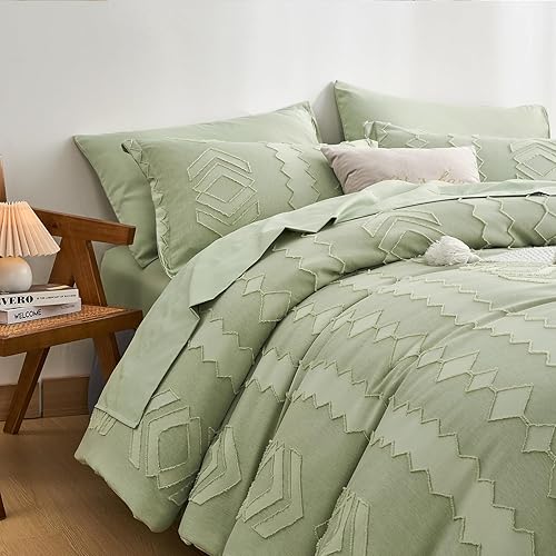 Miniatura 8 de Juego de edredón tamaño Queen de 7 piezas de color verde salvia, juego de ropa de cama tamaño Queen con bordado geométrico, juego de edredón bohemio