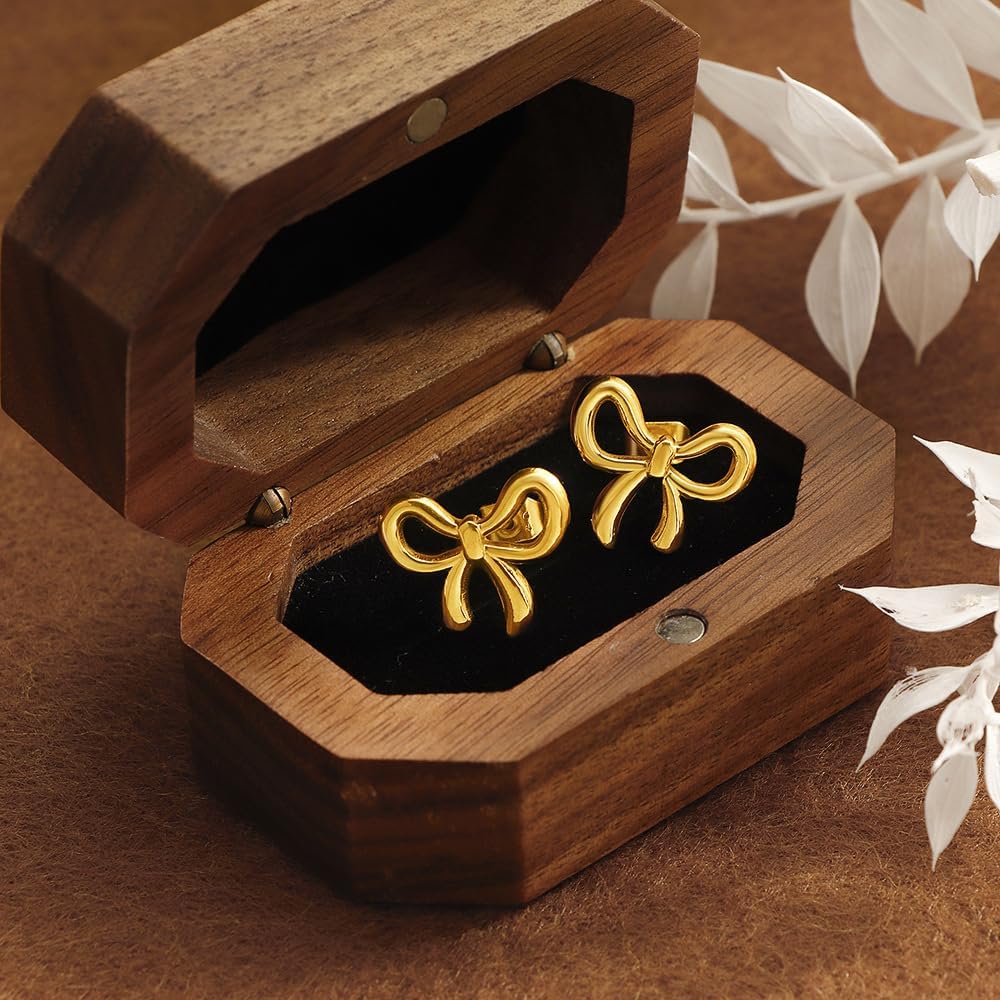 Gold Titanium Bow Stud Earrings for Women Her,1Pair Simple Cute Small Bowknot Earrings,Dainty Tiny Metal Ribbon Bow Earrings Jewelry Gift - Image 2