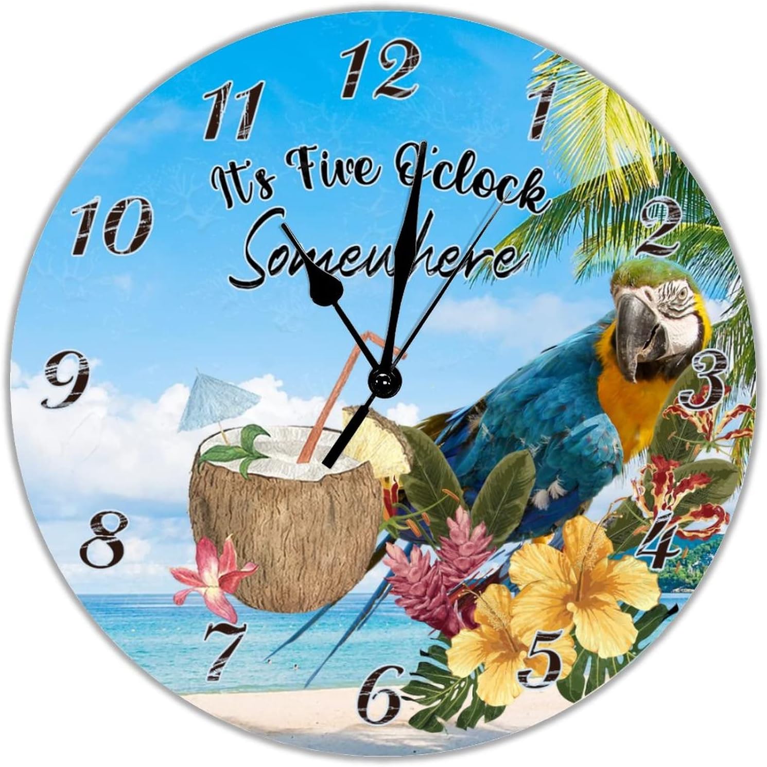 It's Five O'clock Somewhere Wooden Wall Clock Summer House Round Wooden Wall Clock Battery Operated Silent 15 inch Classic Farmhouse Clock Decorative for Kitchen Bar Pub Home Living Room Bedroom