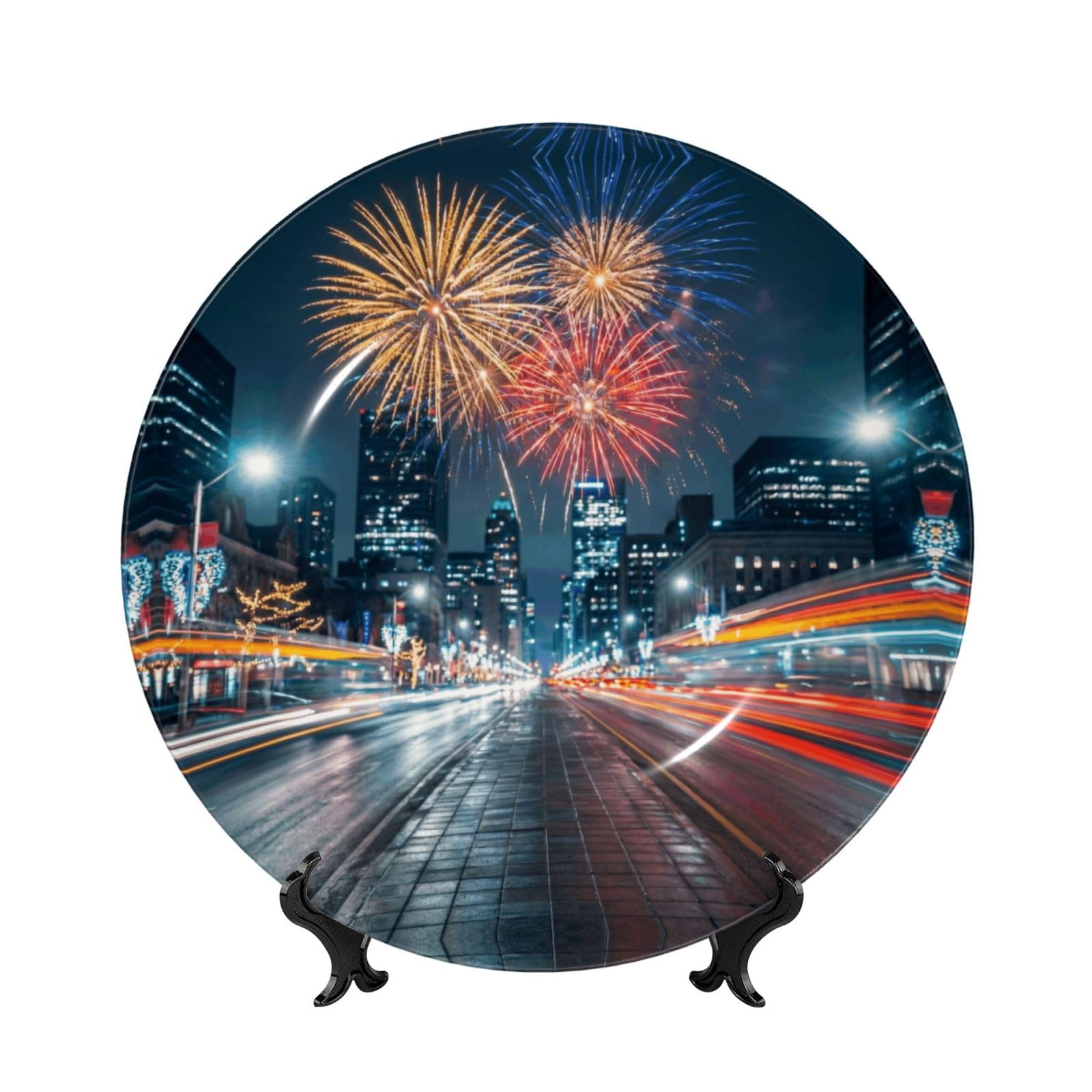SXZVVBN Beautiful Fireworks Bone China Decorative Plate Art with Stand Removable Adhesive Hanging for Home Office 7in