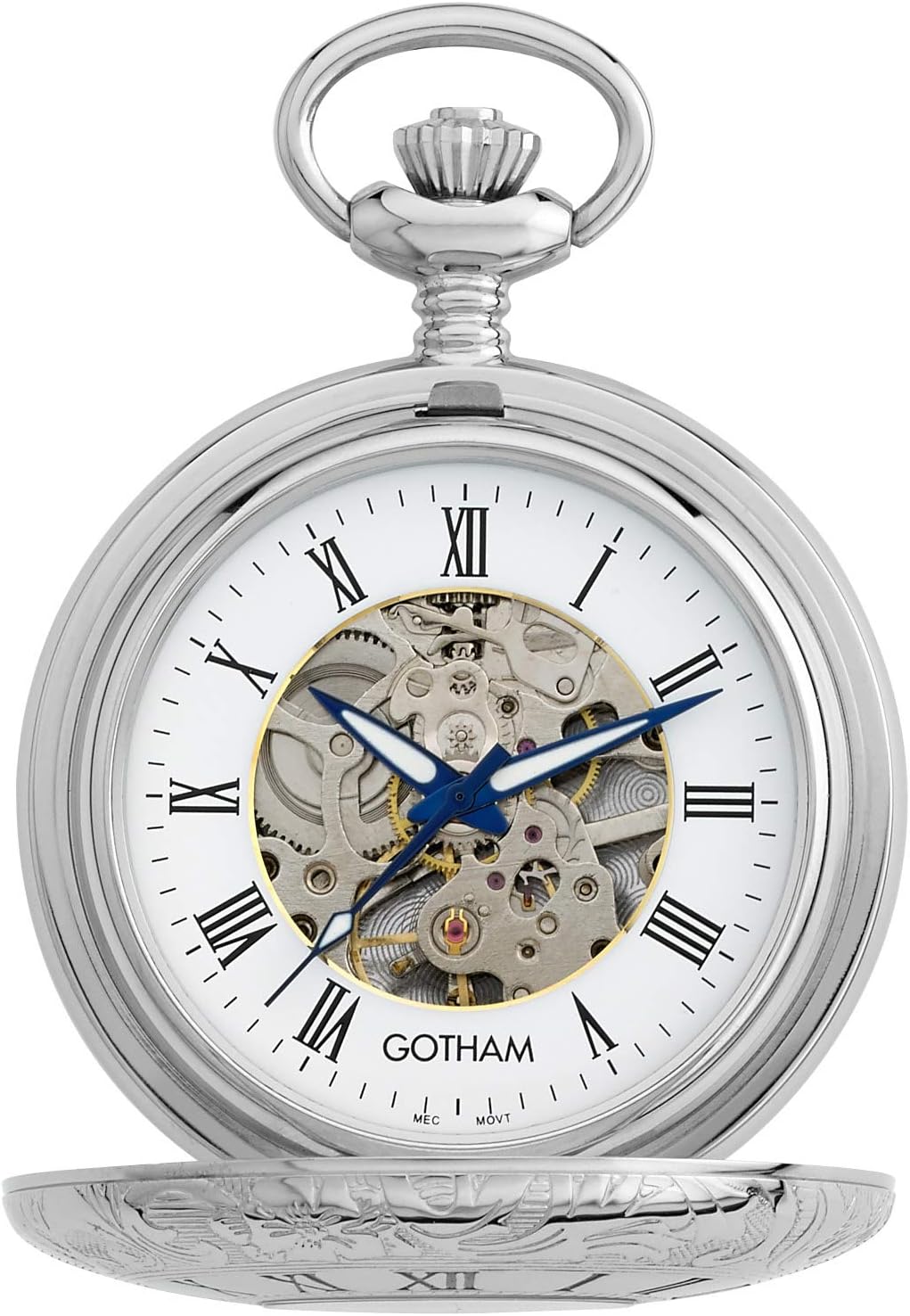 Gotham Pocket Watch with front cover open, showing the mechanical movement and Roman numerals