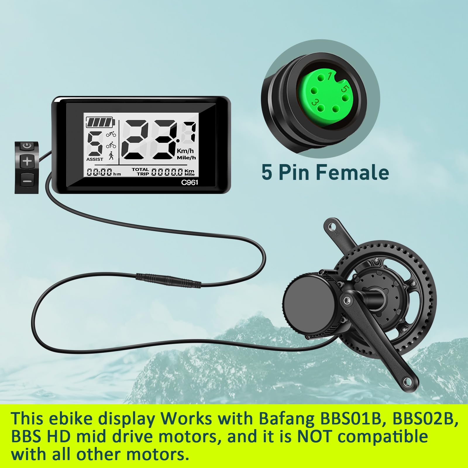 Ebike Display C961 per BAFANG BBS01B BBS02B BBS HD motore centrale, bici elettrica Display Bike Computer con protocollo 0-9 PAS UART 5 Pin Female