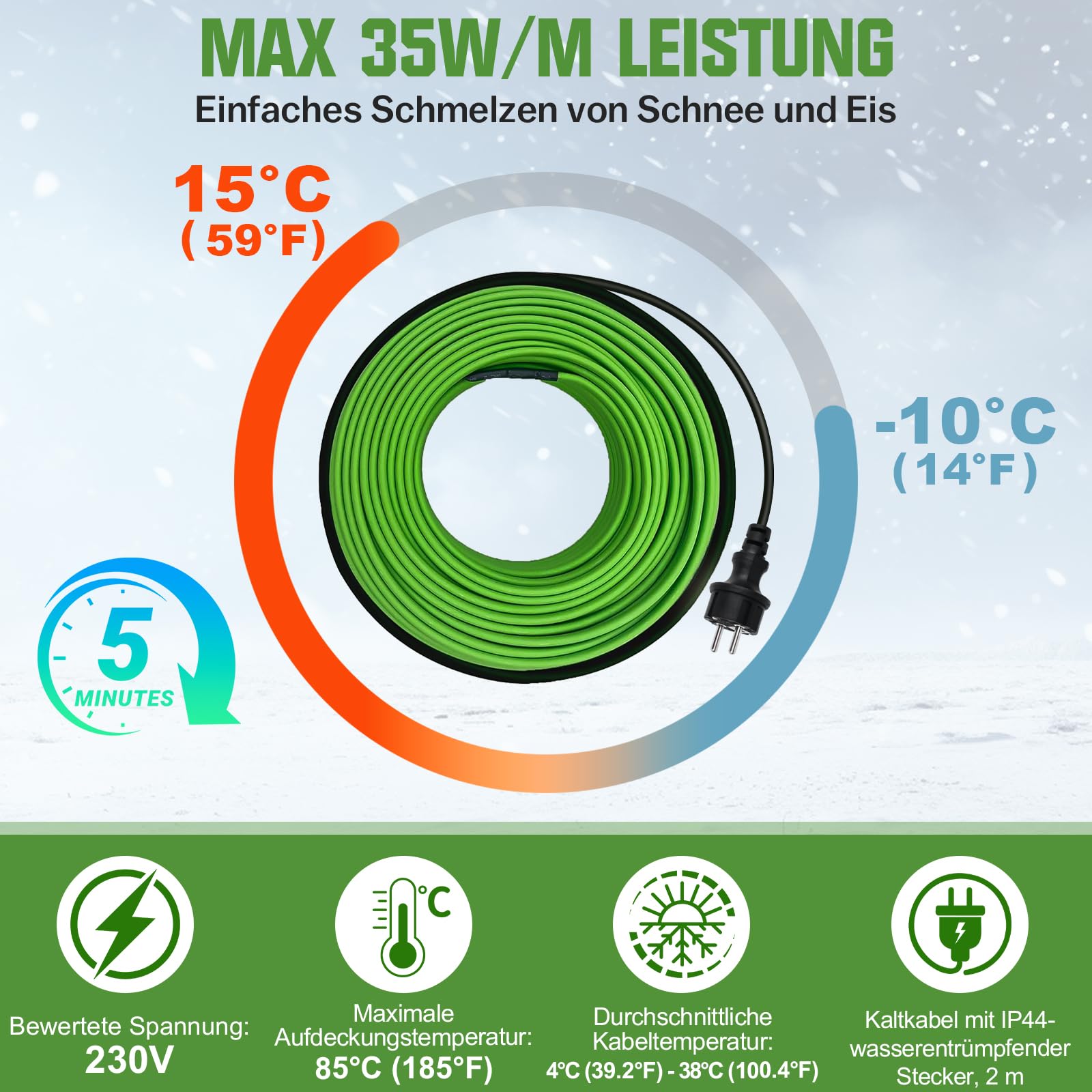 Câble chauffant de 12 m avec thermostat, 35 W/m, autorégulant, antigel, avec voyant lumineux, pour conduites d'eau chauffantes par transfert thermique, pour gouttières et abreuvoirs Willow, IP68