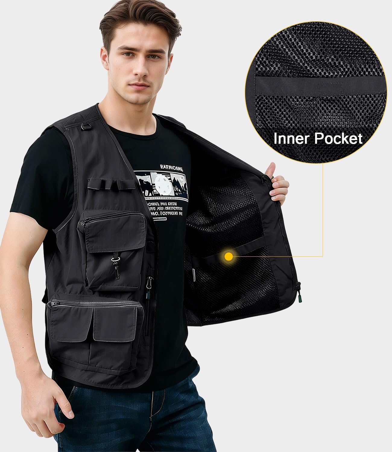Homme Gilet de Pêche Multi-Poches Gilets Léger Respirant à Séchage Rapide Gilet de Photographe Camping Chasse Gilet Extérieur sans Manche avec 15 Poches