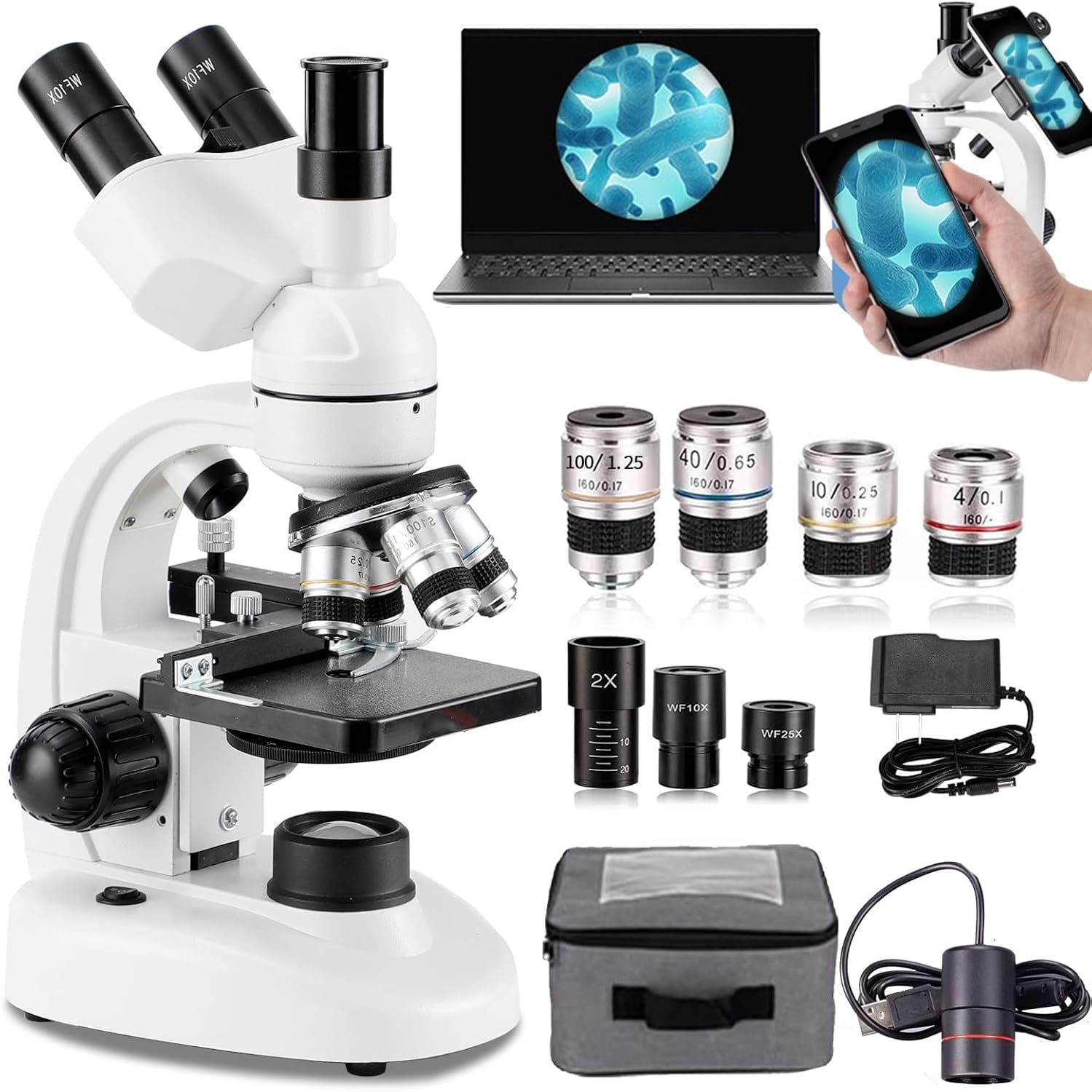 Mikroskop trójokularowy 40x-5000x, laboratoryjny mikroskop trójokularowy zespolony LED z okularem elektronicznym/obrót o 360°/stolik mechaniczny, do nauki/operacji eksperymentalnych