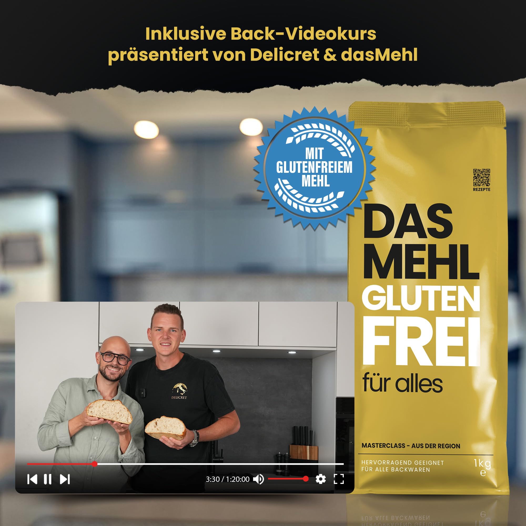 DAS MEHL Glutenfrei – 4×1 kg pizzamehl glutenfrei für Pizza, Pasta & Brot | gelingsicher wie Weizenmehl | ohne Gluten, Enzyme & Zusätze | inkl. DELICRET Rezept-Guide