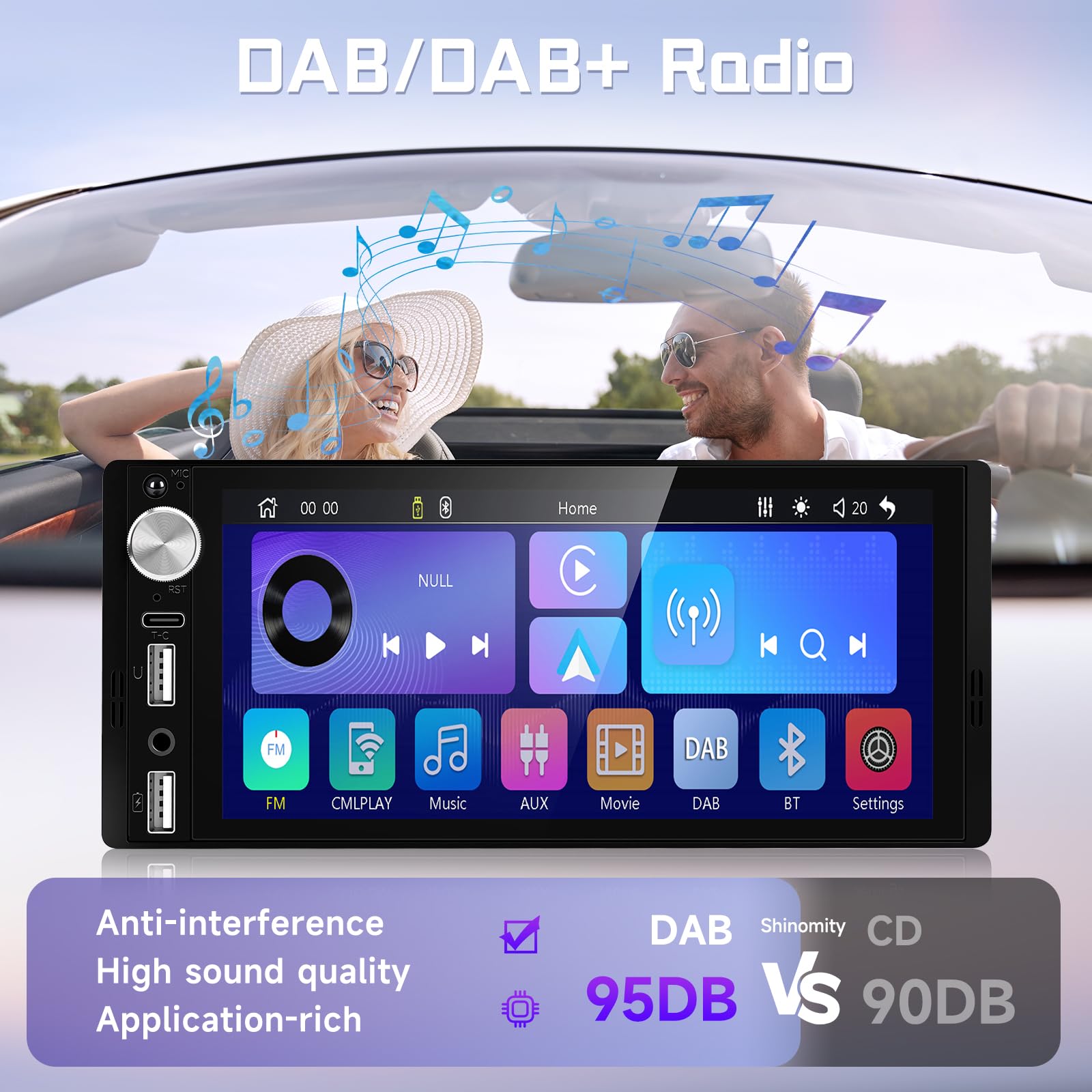 DAB+ Autoradio 1 Din Carplay Android Auto Wireless Bluetooth, 6.9'' IPS Touchscreen Stereo con Mirror Link Vivavoce Bluetooth DAB+ Radio Digitale FM Tipo-C USB EQ Controllo del Volante Retrocamera