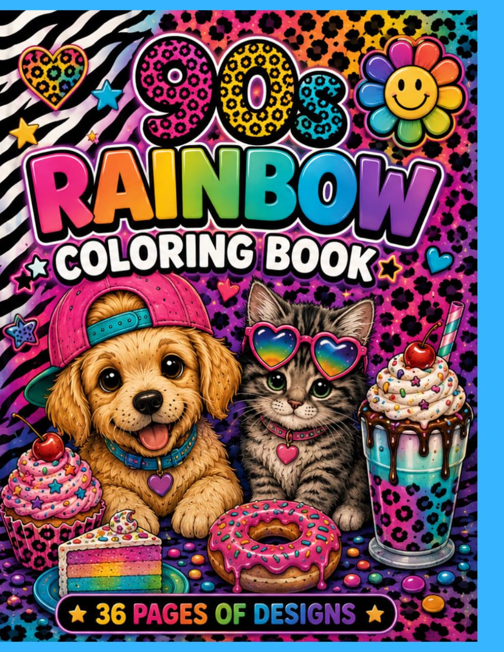 90s Rainbow Coloring Book for Kids: Cute Puppies, Kittens, Sweets & Retro Designs | 36 Fun Pages for Girls Ages 4–8