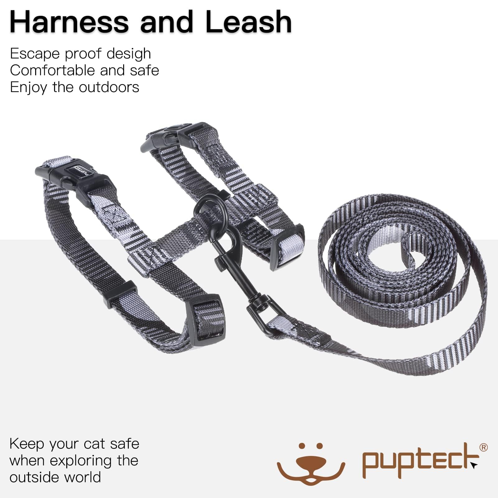 PUPTECK Adjustable Cat Harness and Lead Set Escape Proof Kitten Strap Collar for Walking Travel Printed Dark Grey, S - Image 2