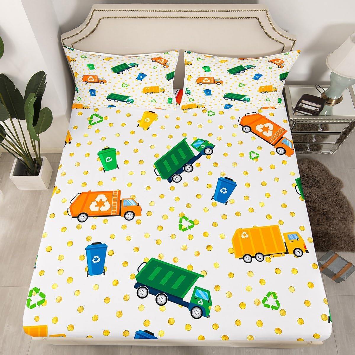 Castle Fairy Garbage Truck Fitted Sheet Queen Size Equipment Car Bedding Set Cartoon Car Sheet Set,Green and Yellow Bed Cover Ultra Soft Breathable Bedspread 3 Pcs for Kids Teens Boys No Flat Sheet