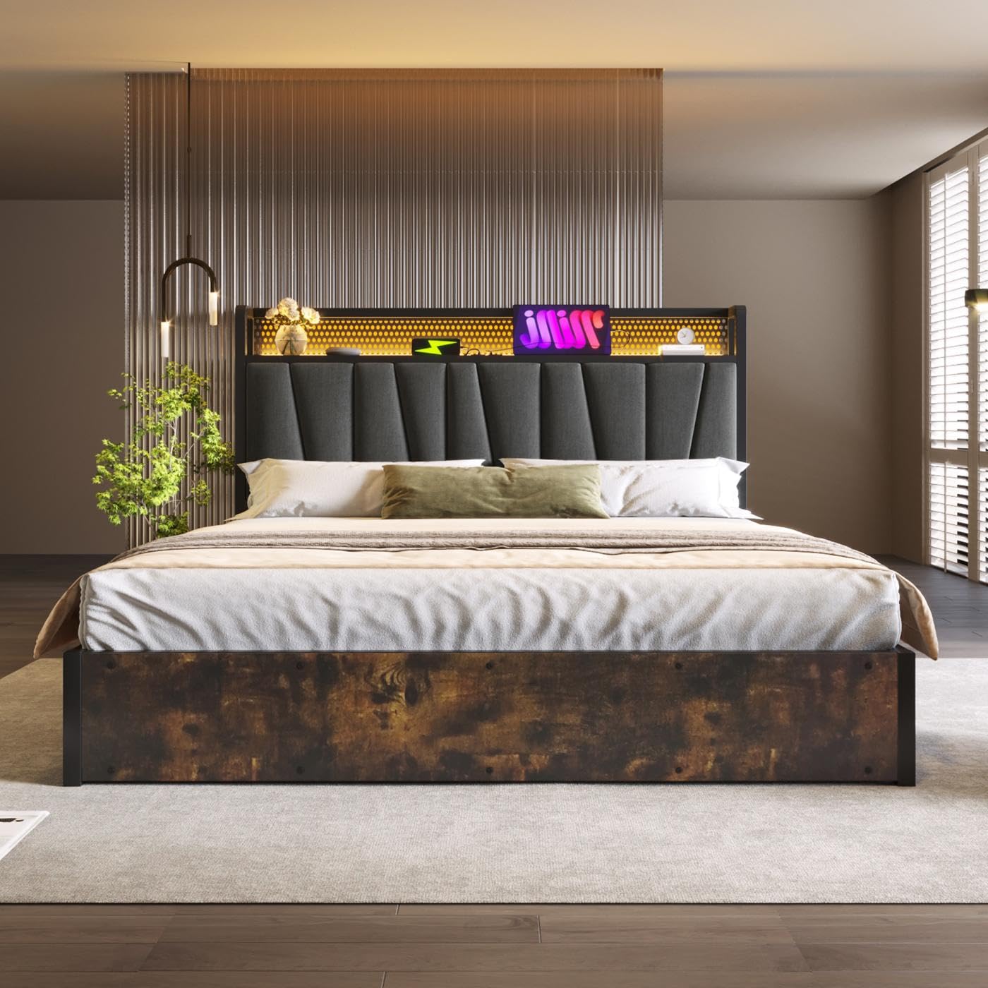 Letto Matrimoniale Baule Sweiko Con LED E Prese USB - 160x200 Cm, Struttura In Metallo Grigio, Testiera Illuminata - 3