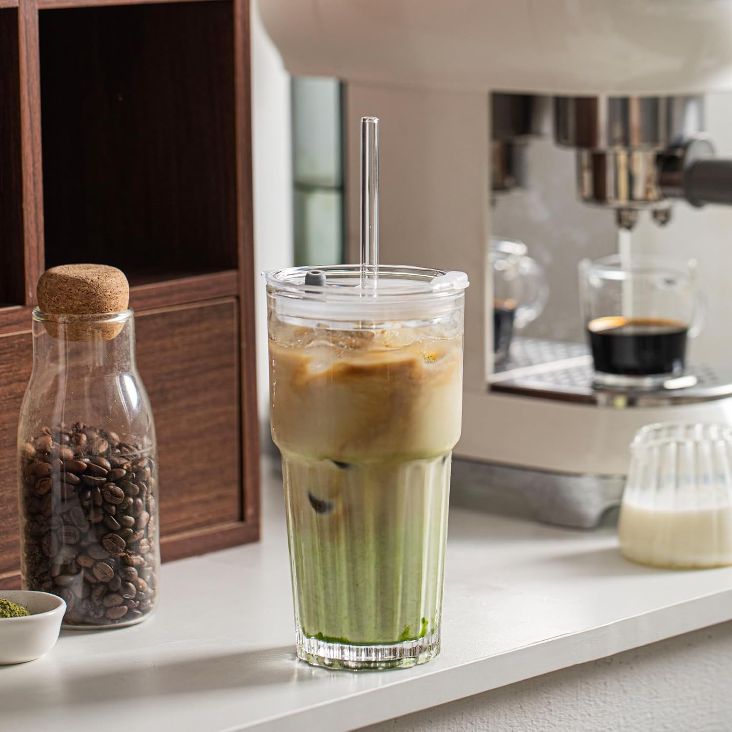 INSETLAN 20 oz Clear Glass Tumbler Set with Lids and Straws – 4-Pack Iced Coffee Cups with Glass Straws & Brushes, Reusable Drinking Glasses for Smoothies, Tea, Juice, Beer, Cold Beverages - Image 3