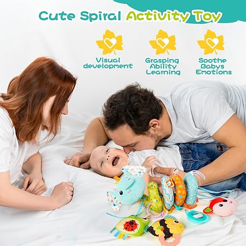 Miniatura 2 de Koty Juguetes de asiento de automóvil, lindo elefante para bebés de 0 a 6 meses, juguetes de cochecito con arrugado, mordedor, caja de música,