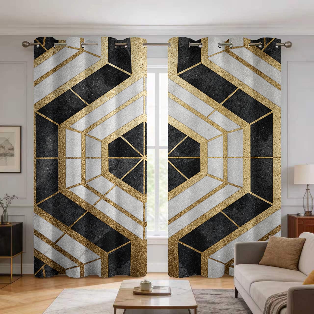 Rideaux motif abstrait géométrique haut de gamme : finitions œillets et imprimé d'art noir doré