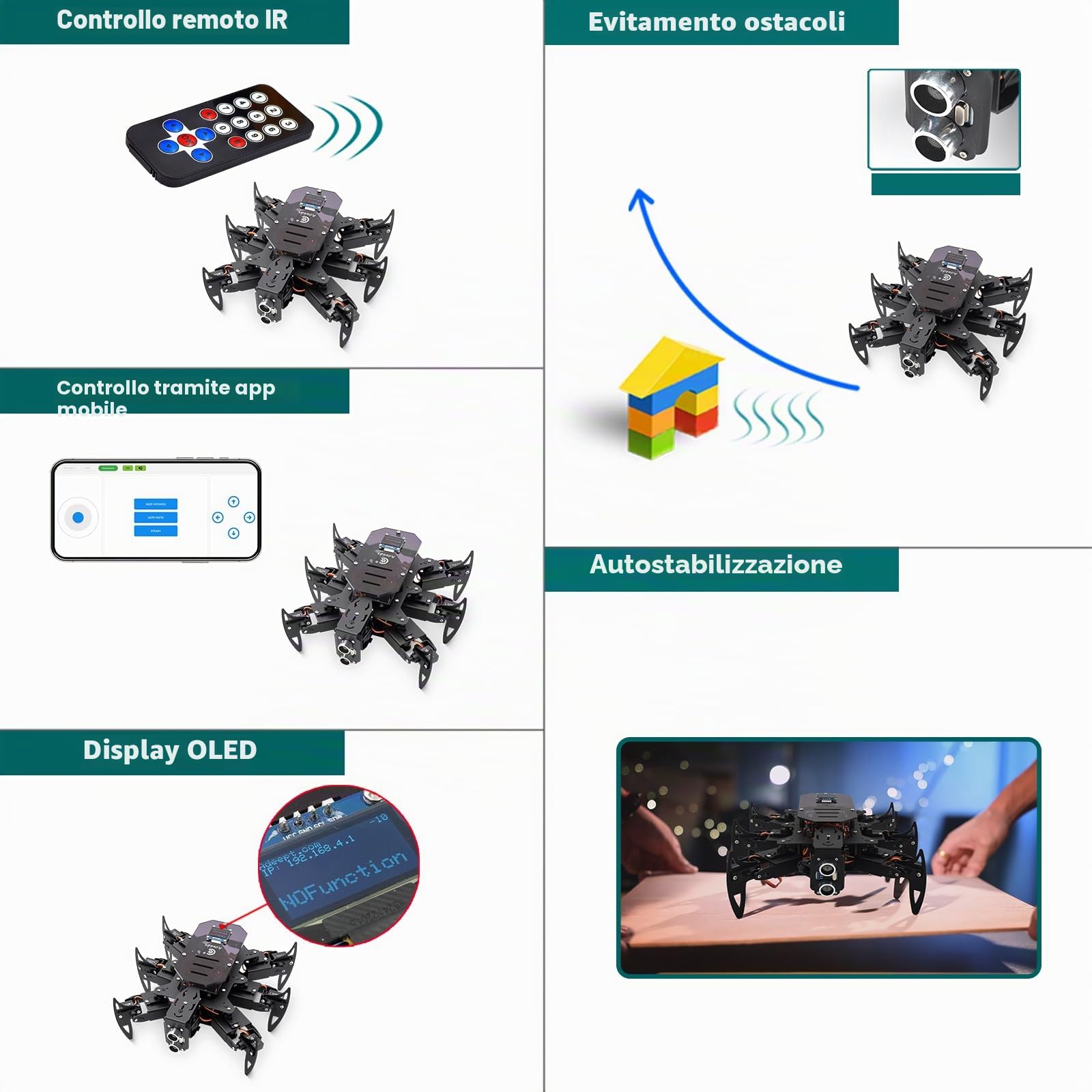 Adeept Ultimate Hexapod Spider Robot Kit, corpo in metallo, programmazione Arduino, telecomando WiFi/IR con display OLED, Python/APP, kit robotica educativa STEM per adulti e ragazzi con manuale PDF
