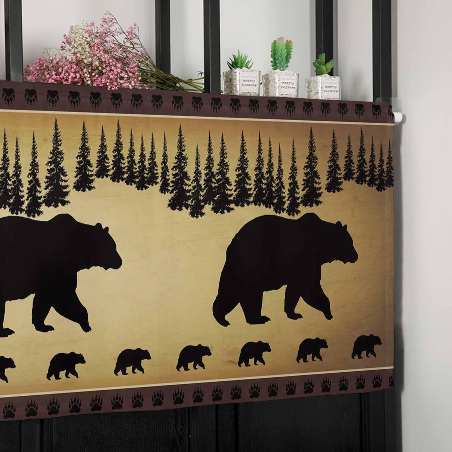 Curtain Valance 54" x 18", Black Bear Forest Silhouettes Window Valances Rod Pocket Curtains Drapes, Vintage Farm Backdrop Short Topper Curtain for Kitchen Cafe Living Room, 1 Panel