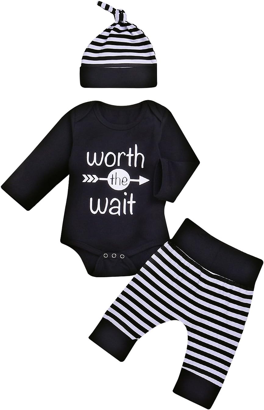 Baby Unisex Worth The Wait Arrow Printed Romper Striped Pant Hat Outfit Clothes