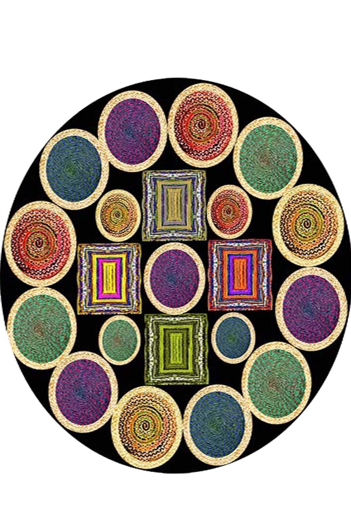On The Clouds Jüt Hasır Kilim Görünümlü Dijital Baskılı Kaymaz Taban Yıkanabilir Modern Salon Halısı ve Yolluk MEGJ6Y, 160 x 160